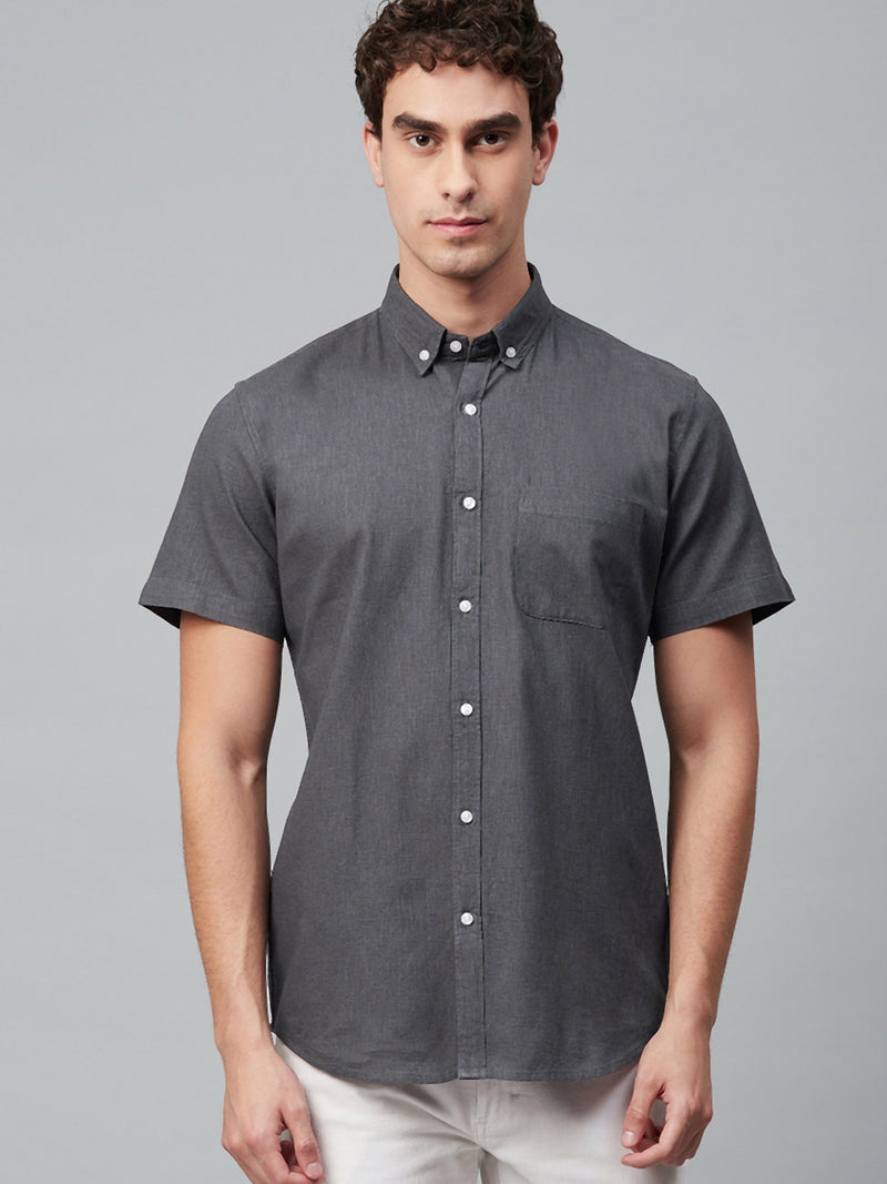 Men Charcoal Grey Smart Slim Fit Solid Cotton Linen Casual Shirt