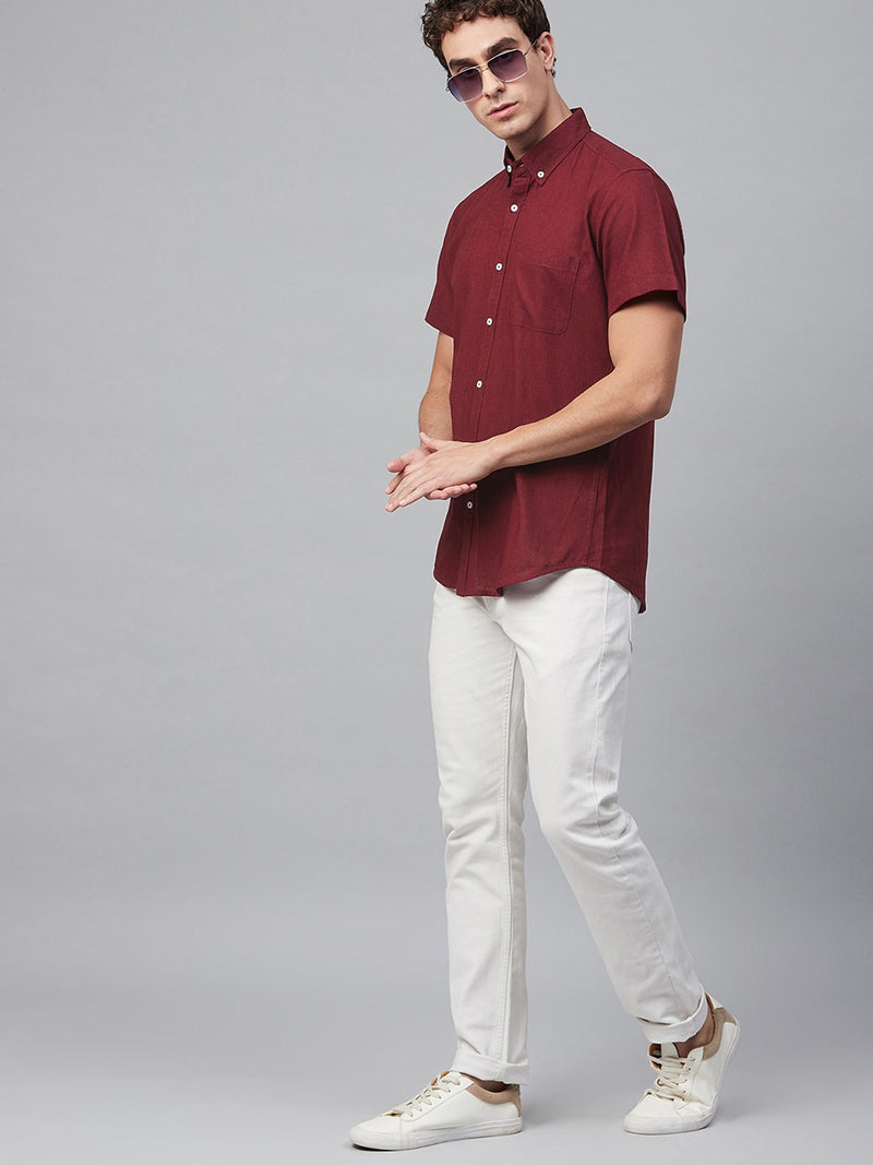 Men Maroon Smart Slim Fit Solid Cotton Linen Casual Shirt
