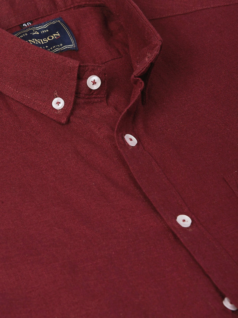 Men Maroon Smart Slim Fit Solid Cotton Linen Casual Shirt