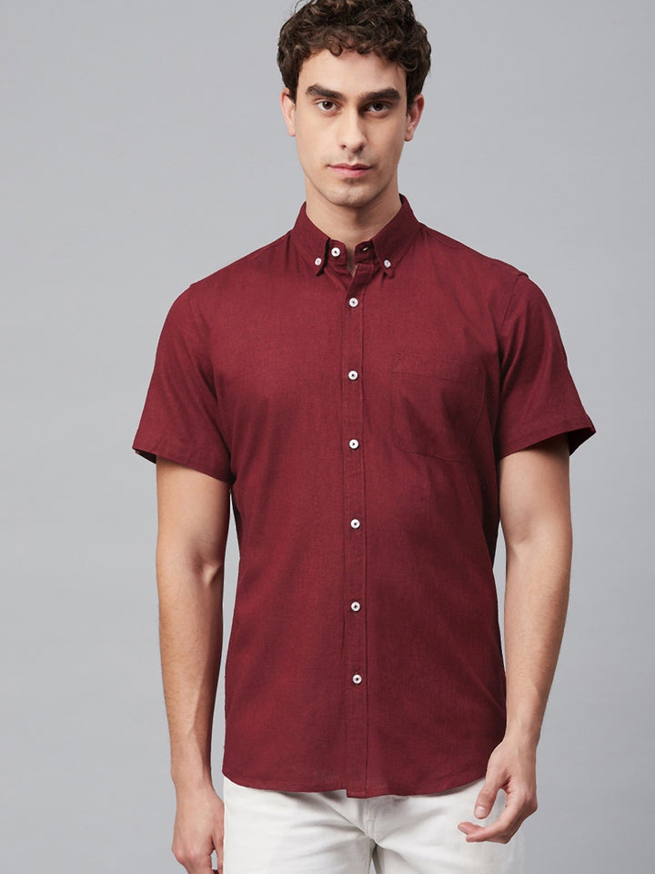 Men Maroon Smart Slim Fit Solid Cotton Linen Casual Shirt