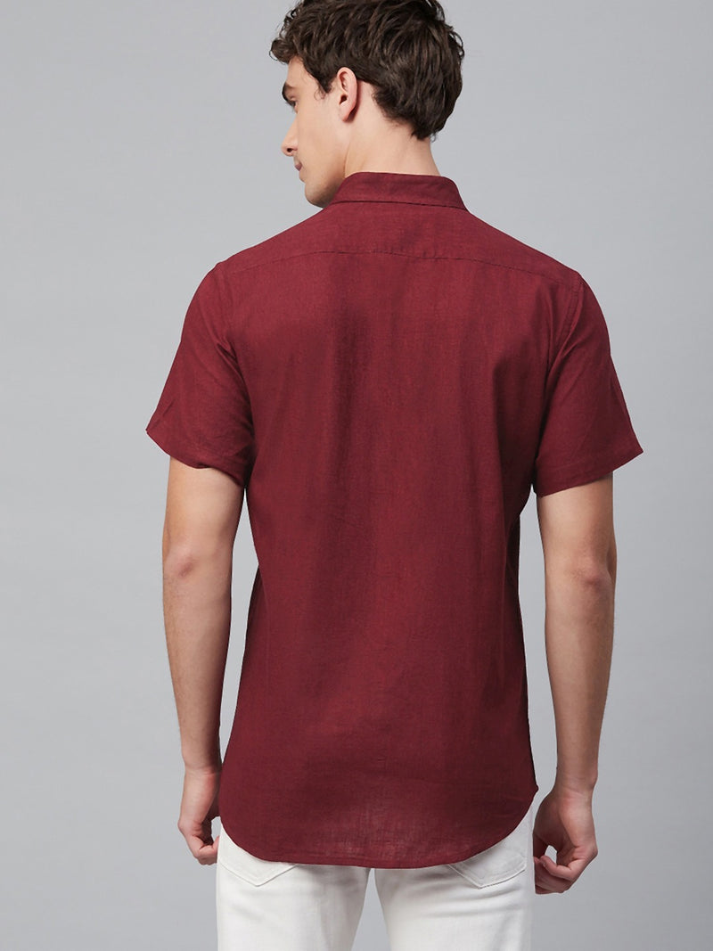 Men Maroon Smart Slim Fit Solid Cotton Linen Casual Shirt