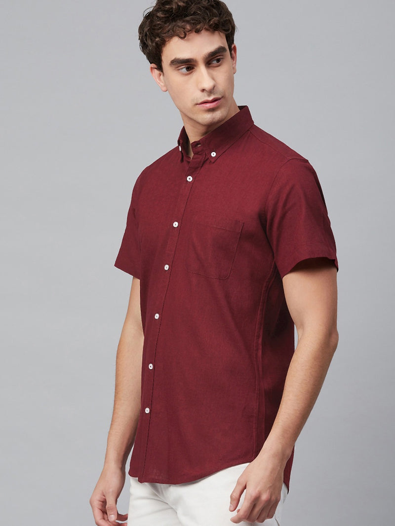 Men Maroon Smart Slim Fit Solid Cotton Linen Casual Shirt