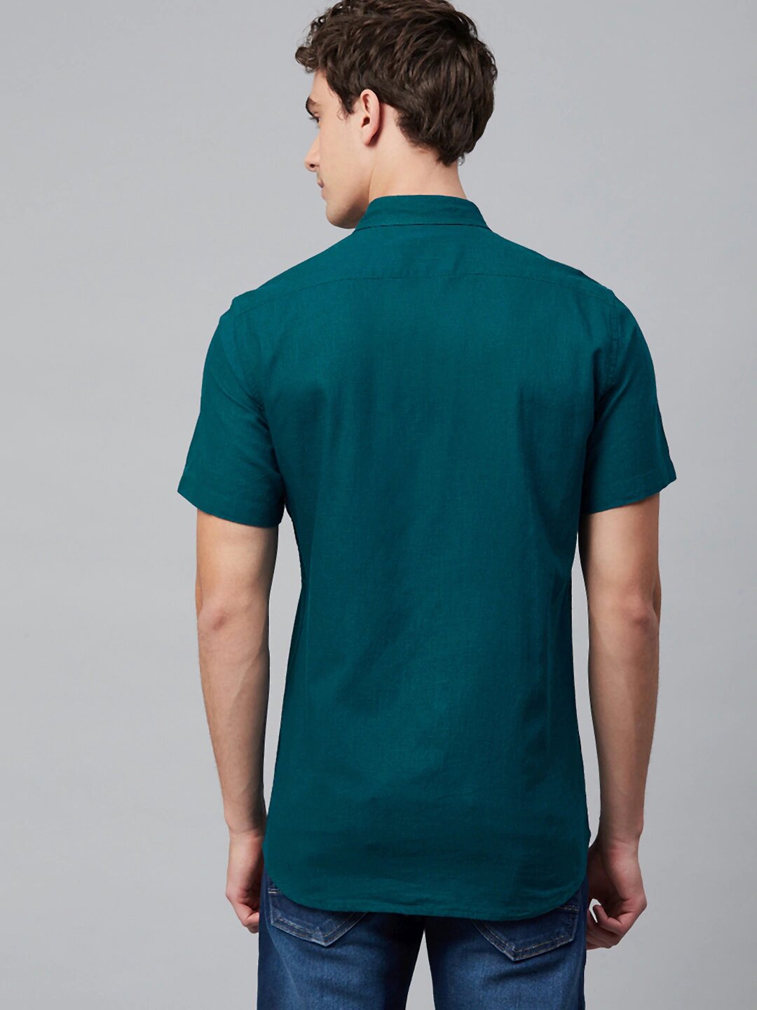 Men Teal Green Smart Slim Fit Solid Cotton Linen Casual Shirt