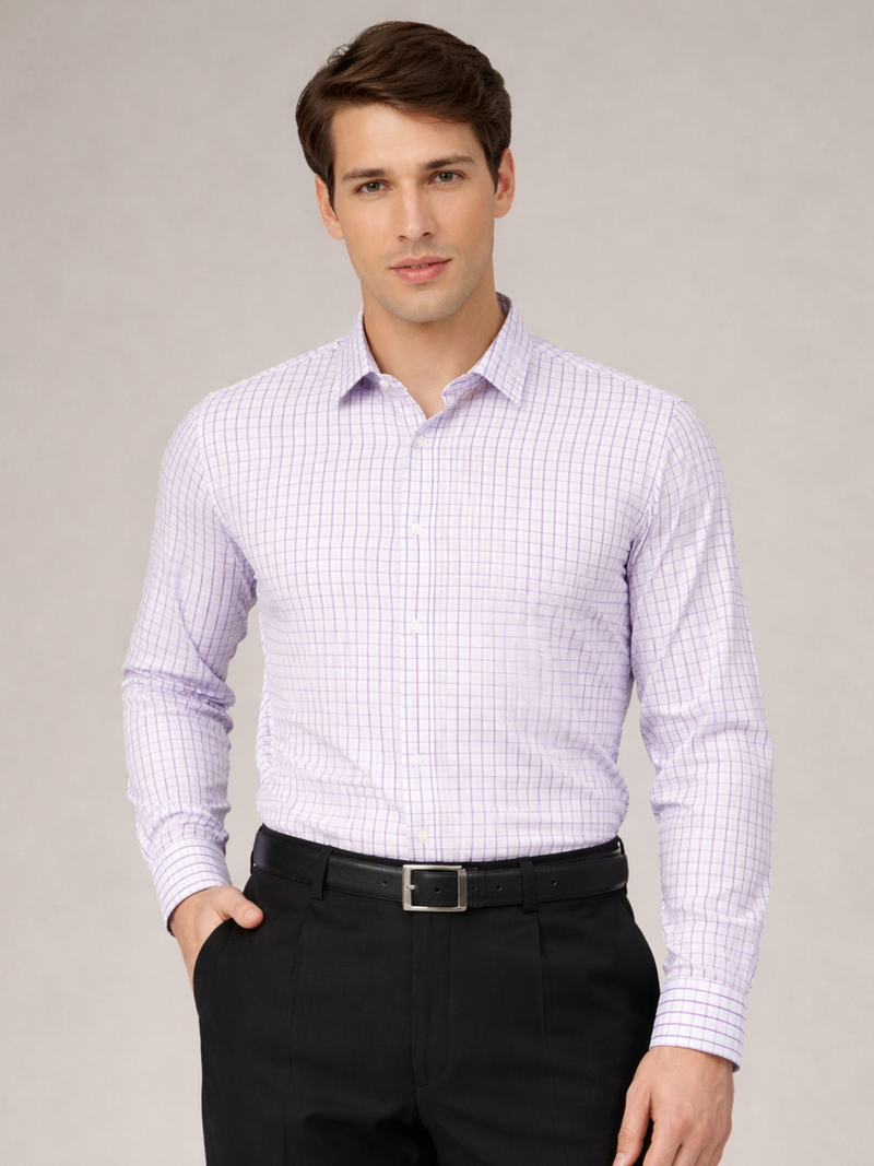 White & Purple: Full Sleeves Grid Tattersall Checks Shirt