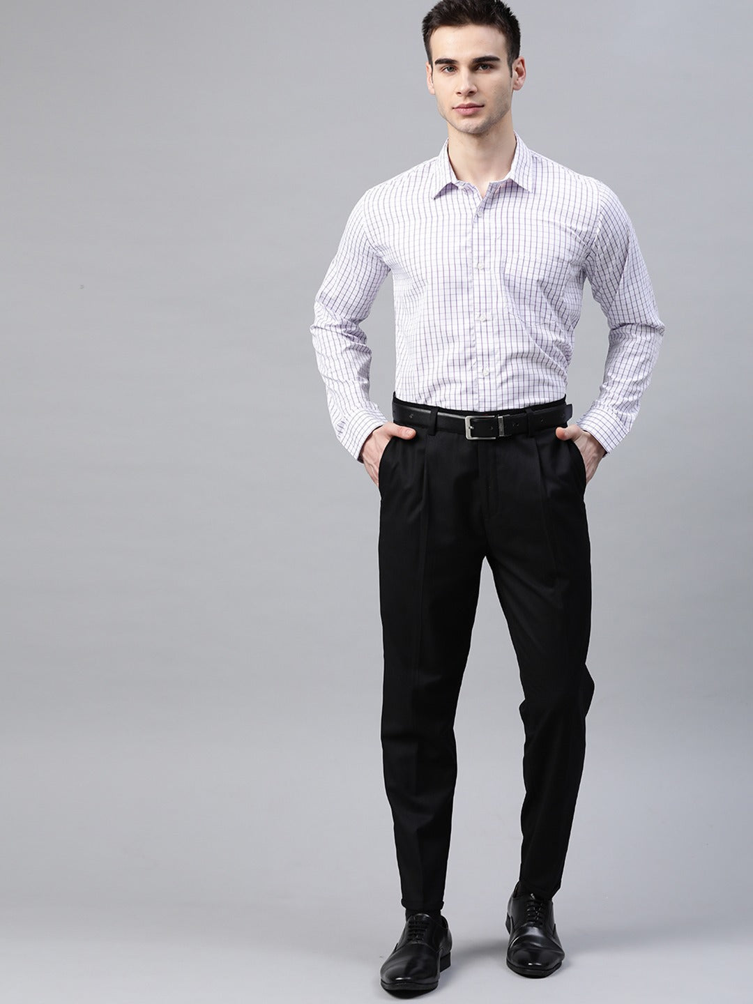 White & Purple: Grid Tattersall Checks Shirt