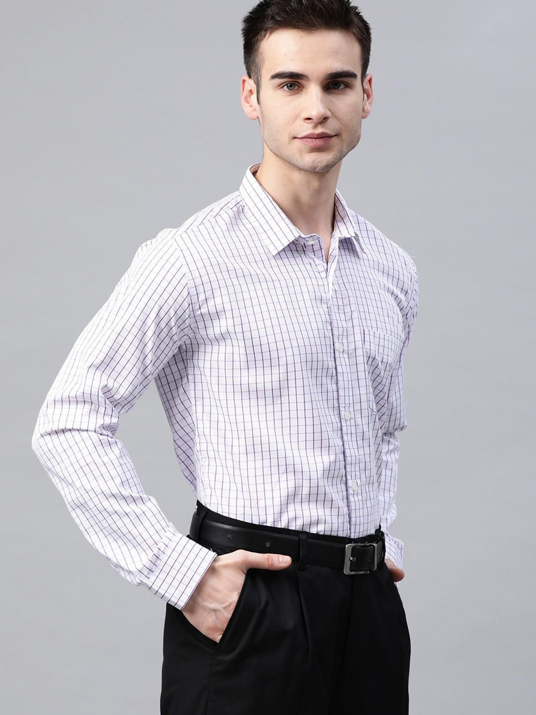 White & Purple: Grid Tattersall Checks Shirt
