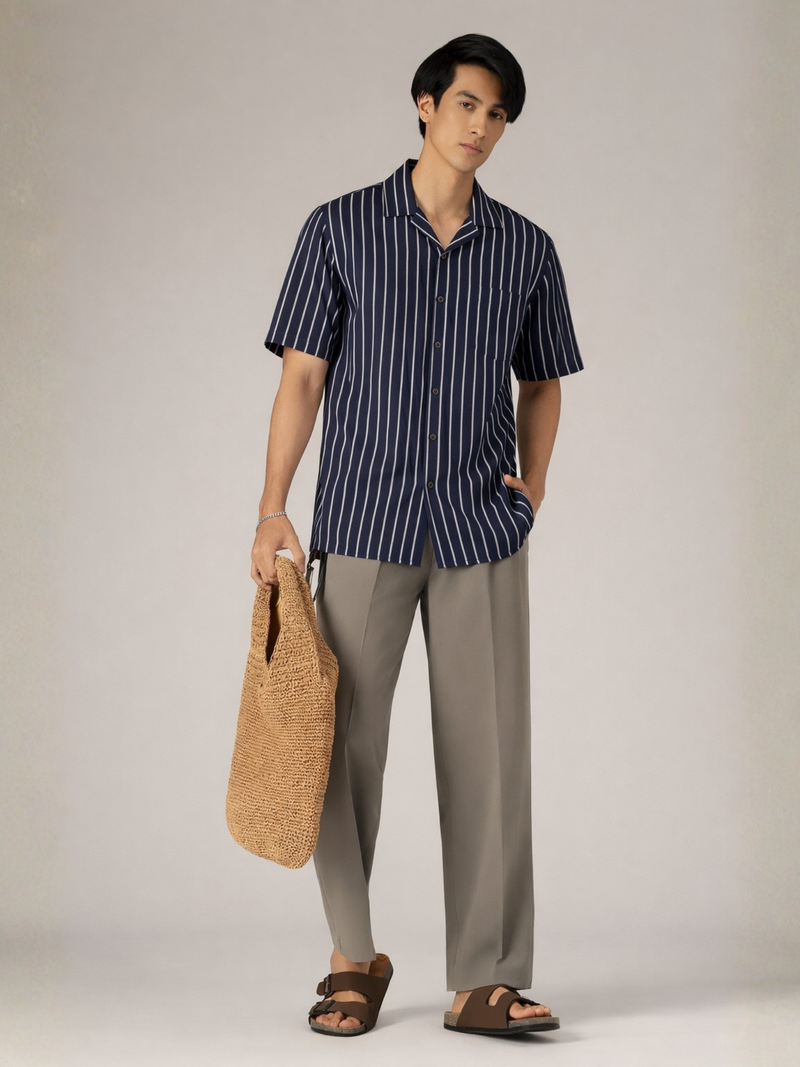 Men Navy Blue Striped Smart Slim Fit Casual Shirt