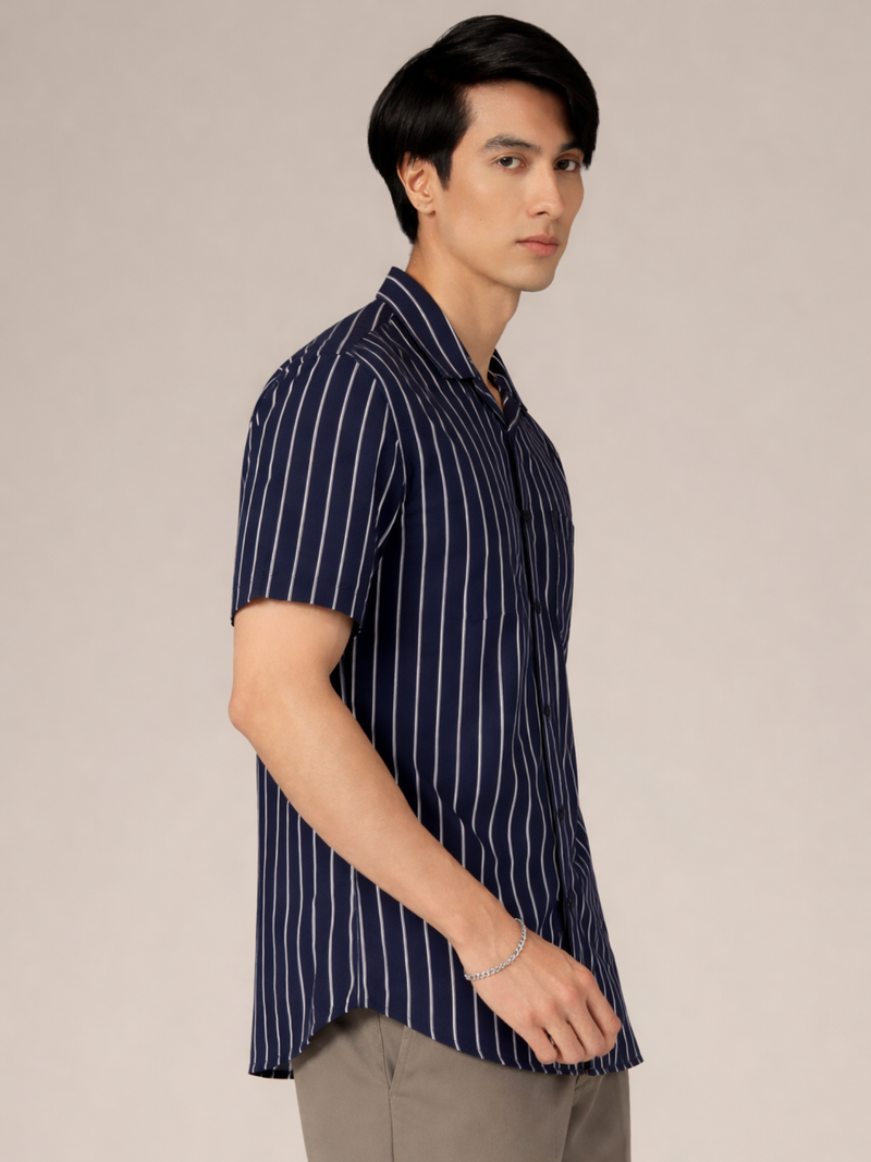 Men Navy Blue Striped Smart Slim Fit Casual Shirt