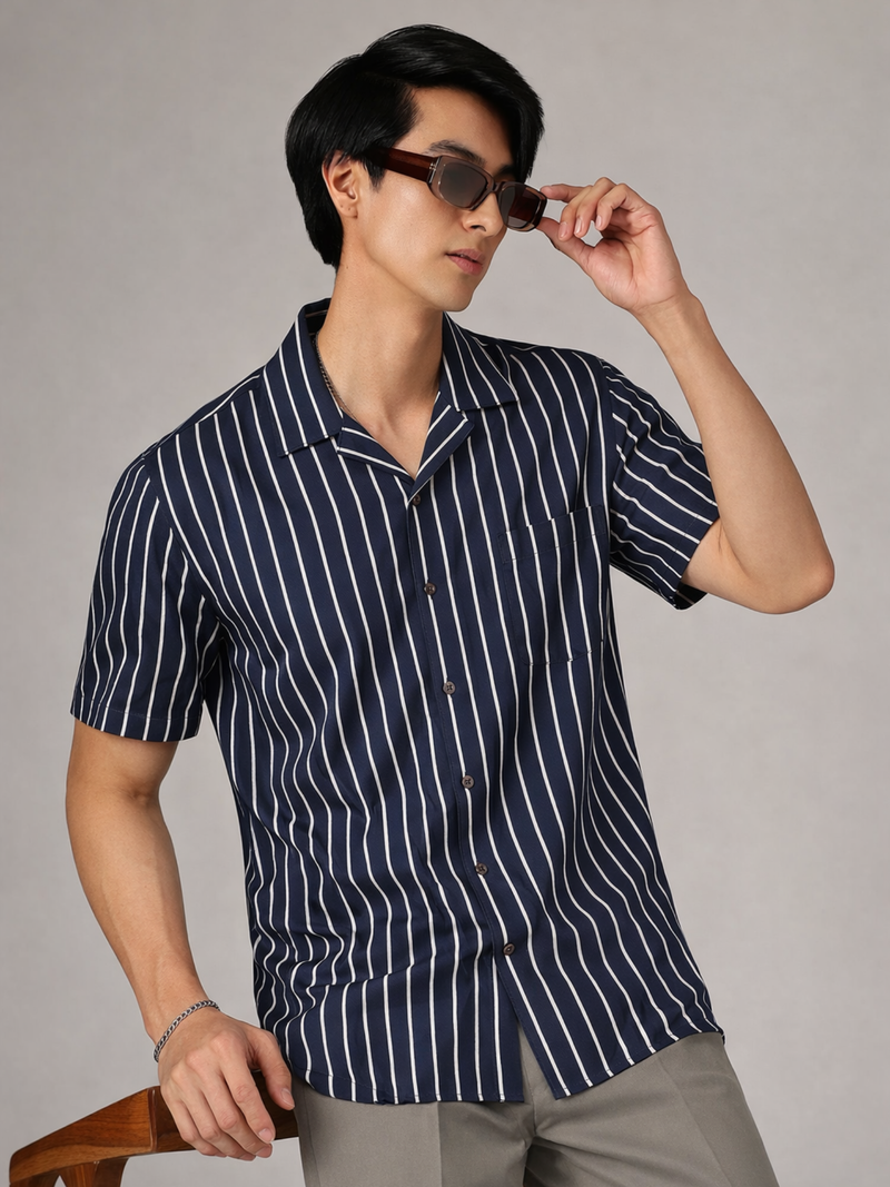 Men Navy Blue Striped Smart Slim Fit Casual Shirt