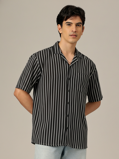 Men Black Striped Smart Slim Fit Casual Shirt
