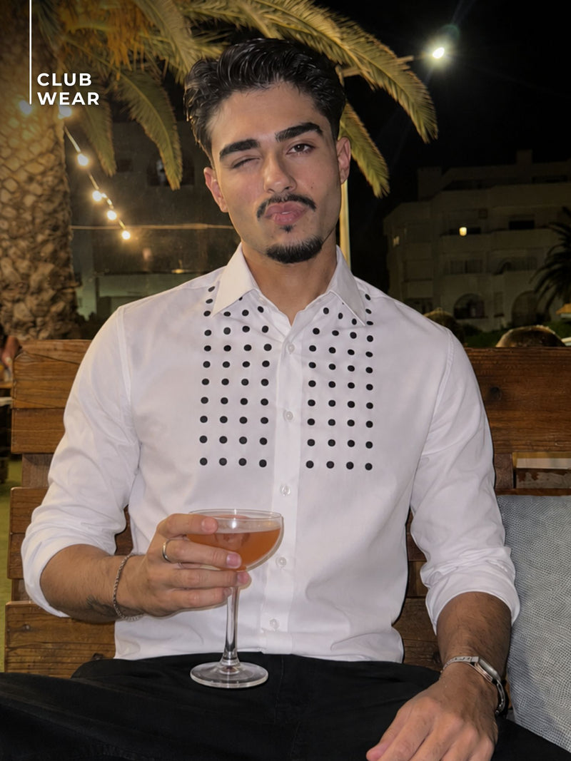 White: Full Sleeves Polka Dot Printed Party Shirt