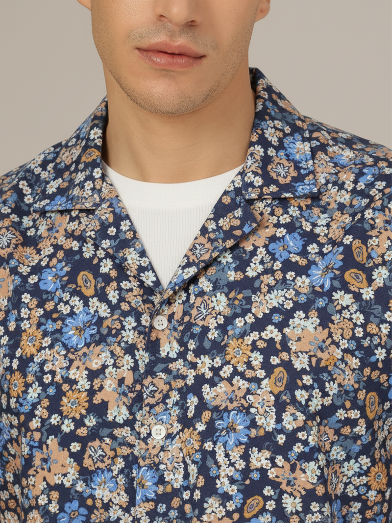 DENNISON Dennison Navy Blue and Beige Color Cuban Collar Shirt