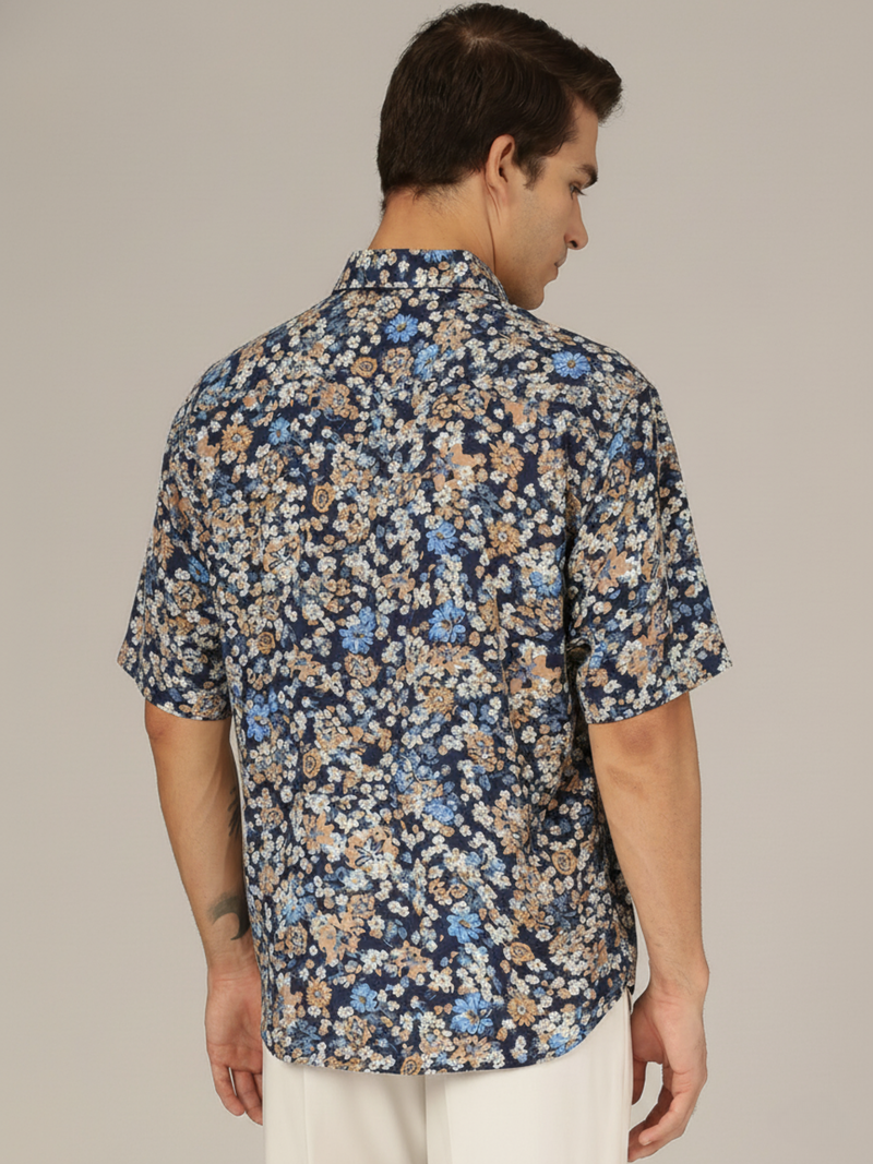 DENNISON Dennison Navy Blue and Beige Color Cuban Collar Shirt