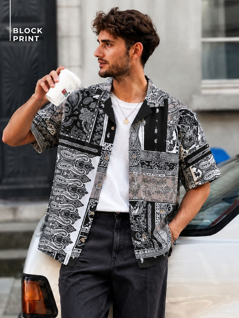 White & Black: Half Sleeves Block Printed Shirt
