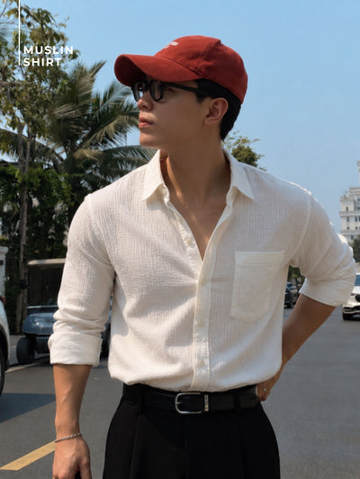 White: Full Sleeves Muslin Resort Shirt