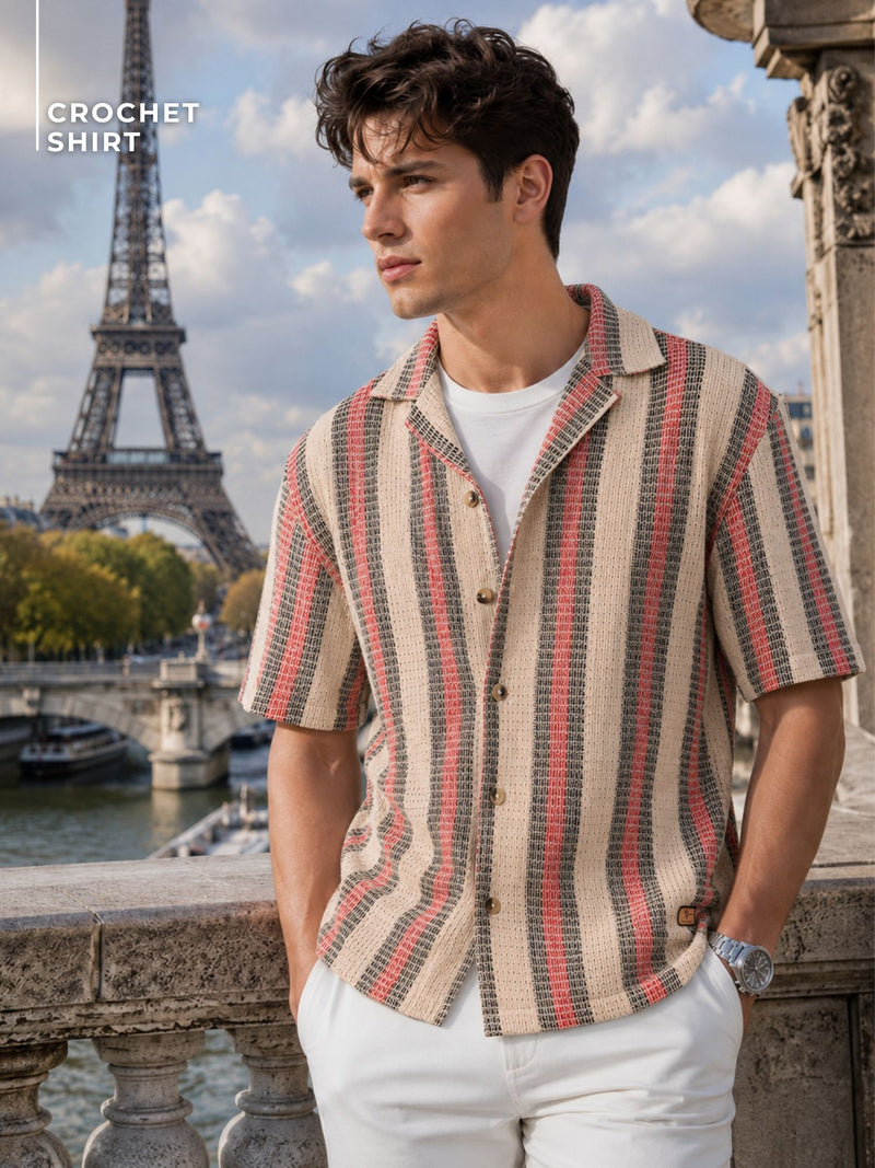 Cream & Red: Half Sleeves Crochet Oversized Striped Shirt