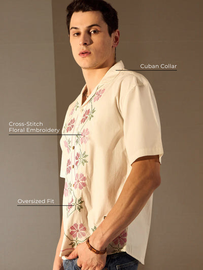White: Half Sleeves Embroidery Shirt
