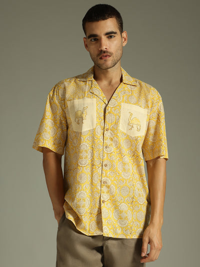Yellow: Block Printed Oversized Casual Shirt