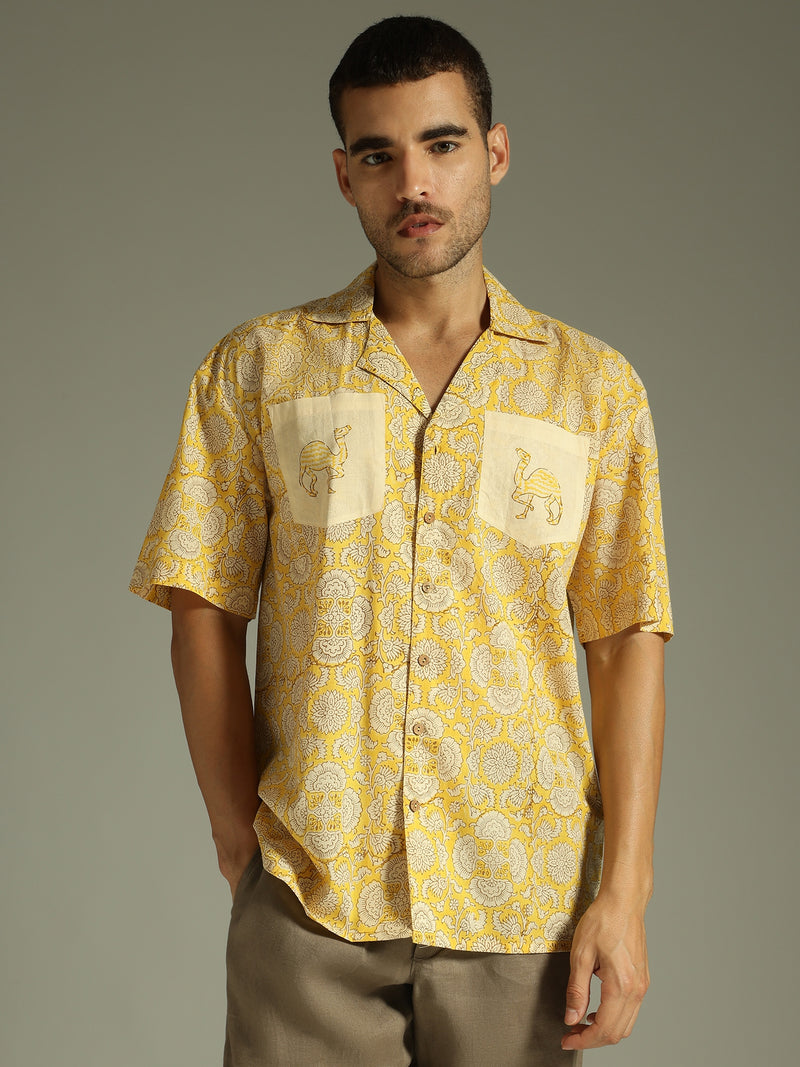 Yellow: Block Printed Oversized Casual Shirt