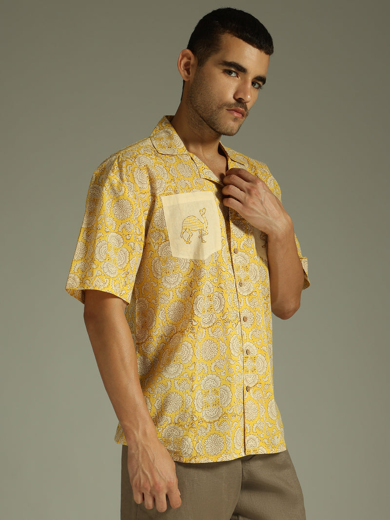 Yellow: Block Printed Oversized Casual Shirt
