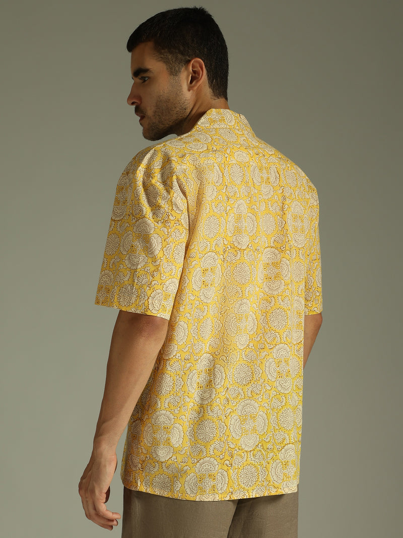 Yellow: Block Printed Oversized Casual Shirt