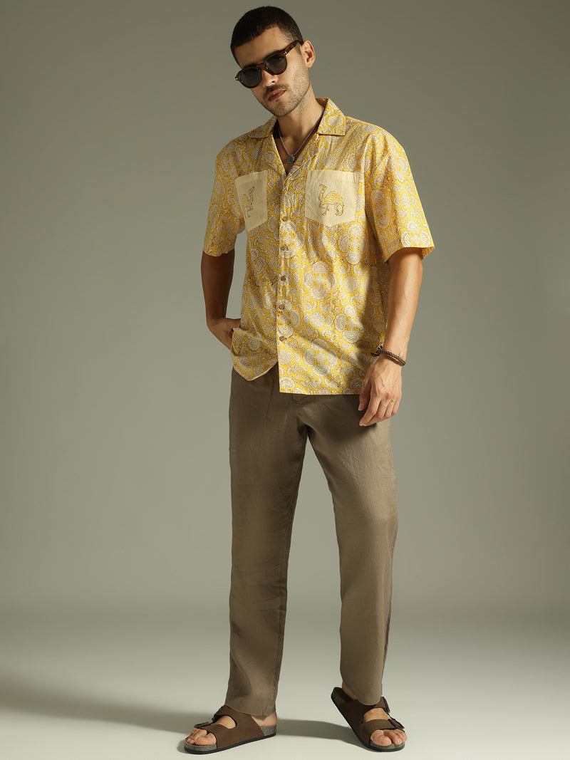 Yellow: Block Printed Oversized Casual Shirt