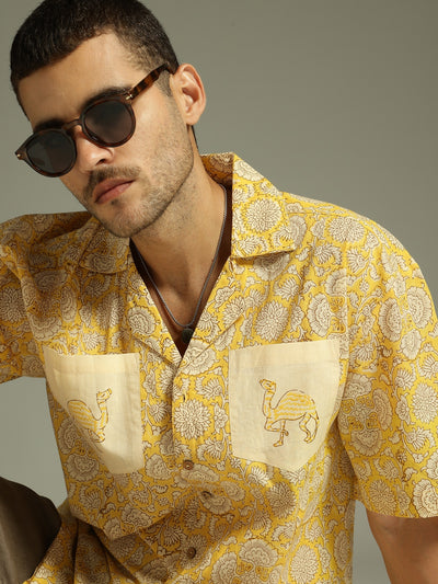 Yellow: Block Printed Oversized Casual Shirt