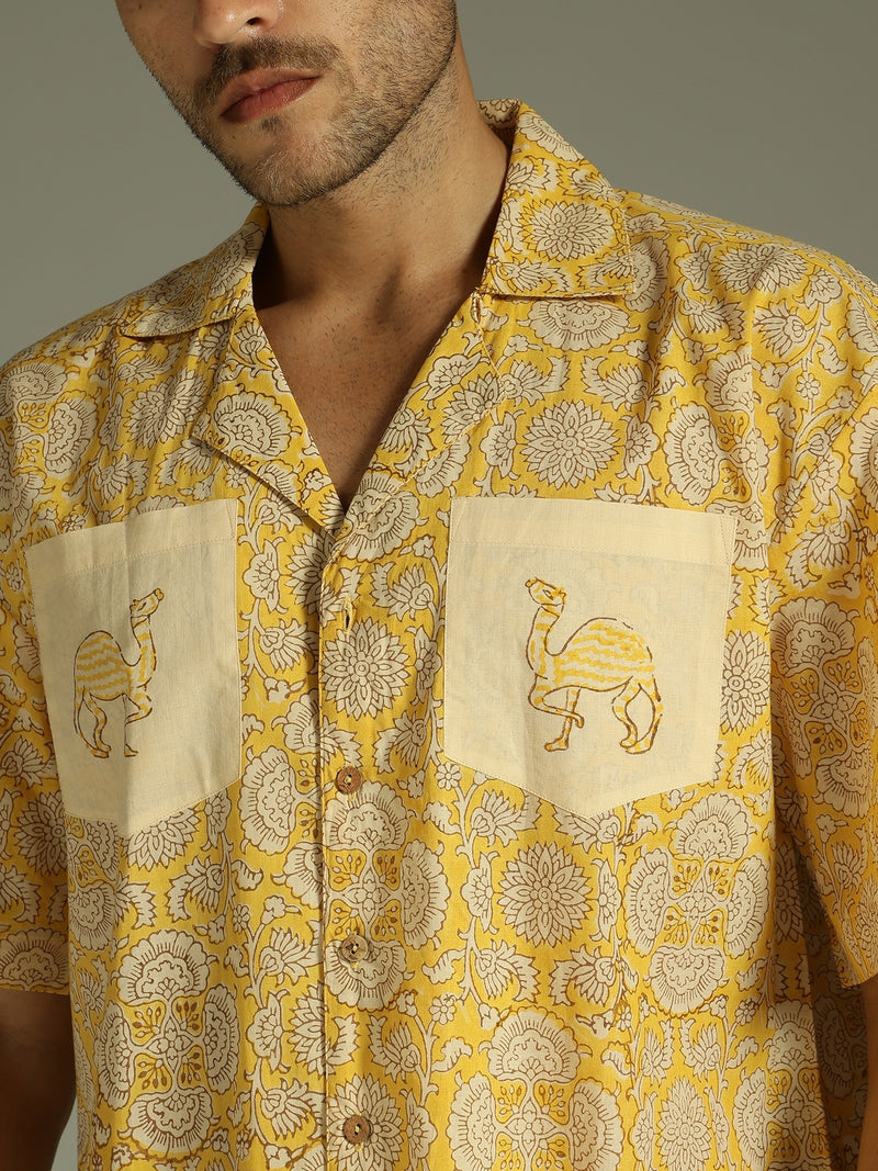 Yellow: Block Printed Oversized Casual Shirt