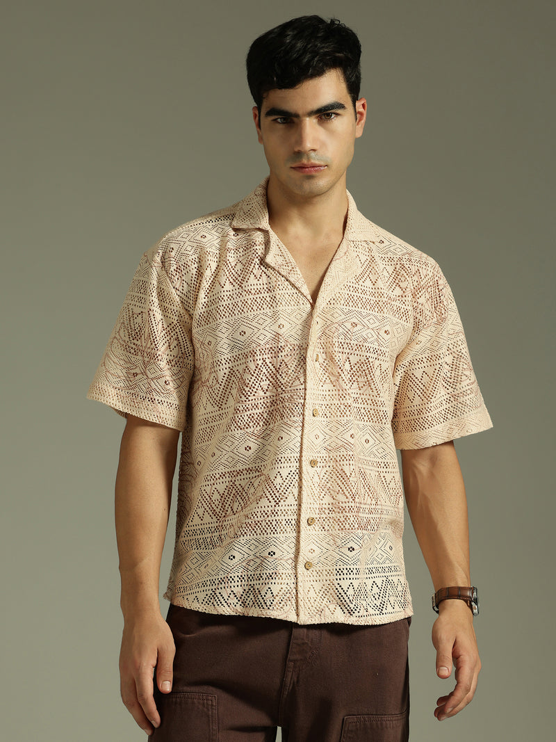 Beige: Half Sleeves Schiffli Semi Sheer Oversized Shirt