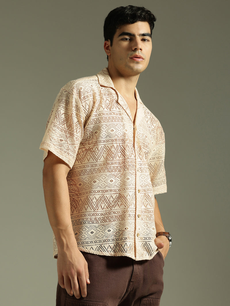 Beige: Half Sleeves Schiffli Semi Sheer Oversized Shirt