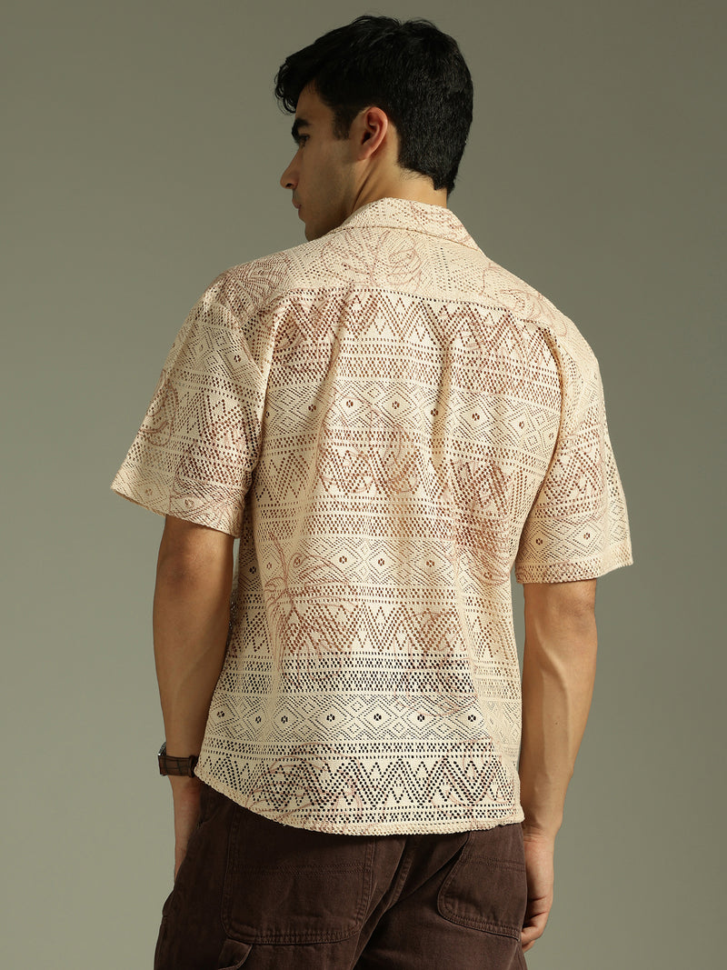 Beige: Half Sleeves Schiffli Semi Sheer Oversized Shirt