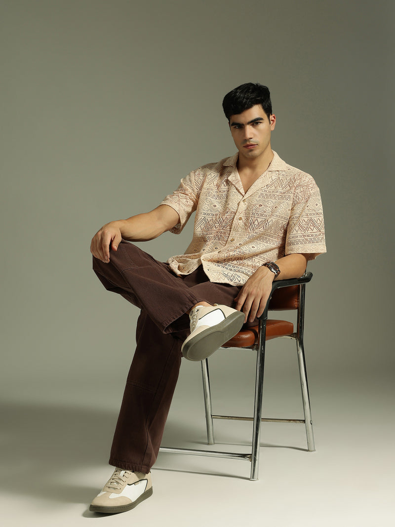 Beige: Half Sleeves Schiffli Semi Sheer Oversized Shirt