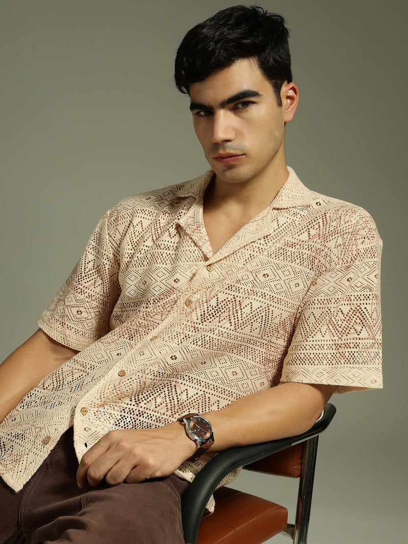 Beige: Half Sleeves Schiffli Semi Sheer Oversized Shirt