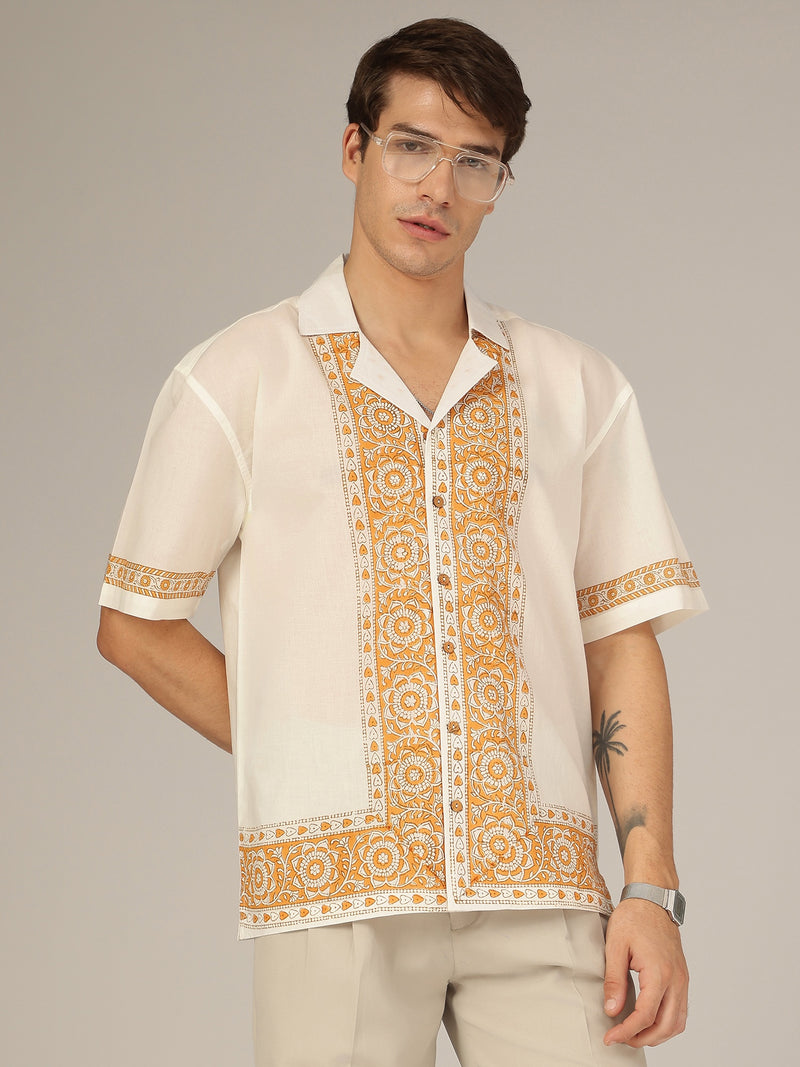 White & Mustard: Half Sleeves Placement Printed Shirt