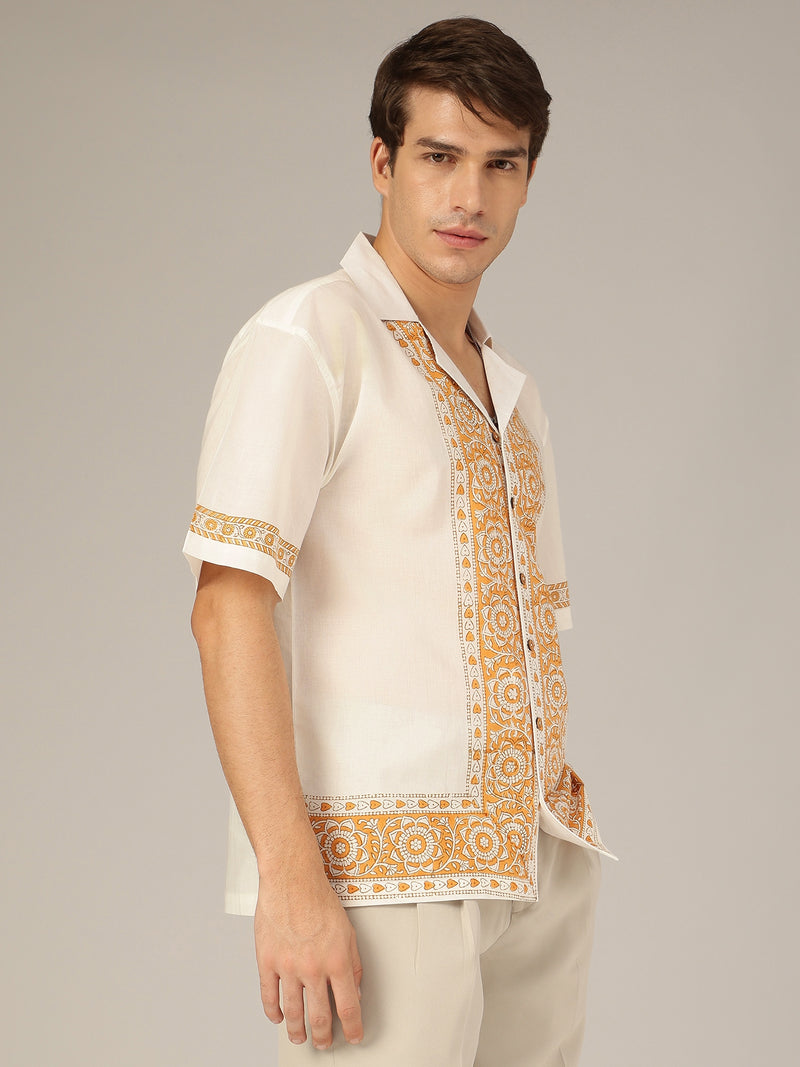 White & Mustard: Half Sleeves Placement Printed Shirt