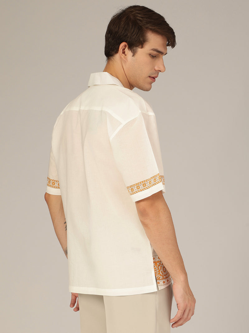 White & Mustard: Half Sleeves Placement Printed Shirt