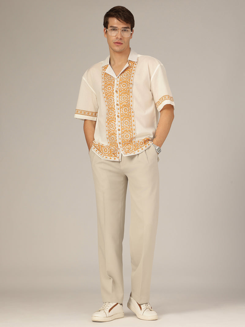 White & Mustard: Half Sleeves Placement Printed Shirt