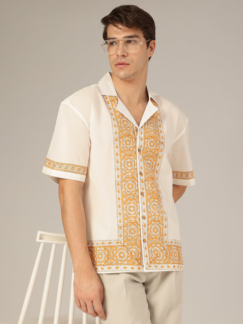 White & Mustard: Half Sleeves Placement Printed Shirt