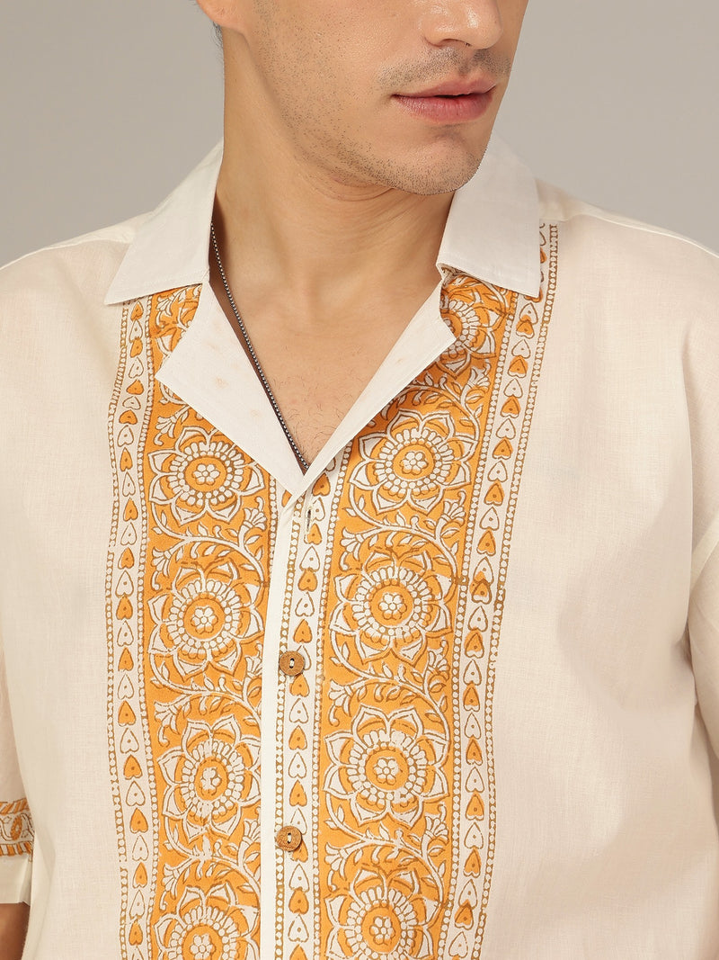 White & Mustard: Half Sleeves Placement Printed Shirt