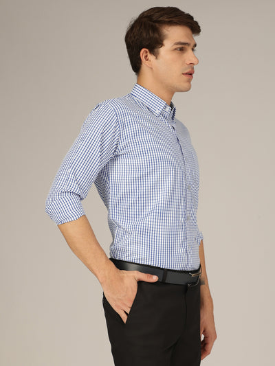 White & Blue: Checkered Button-Down Collar Formal Shirt