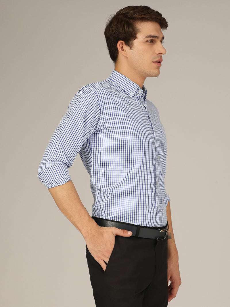 White & Blue: Checkered Button-Down Collar Formal Shirt