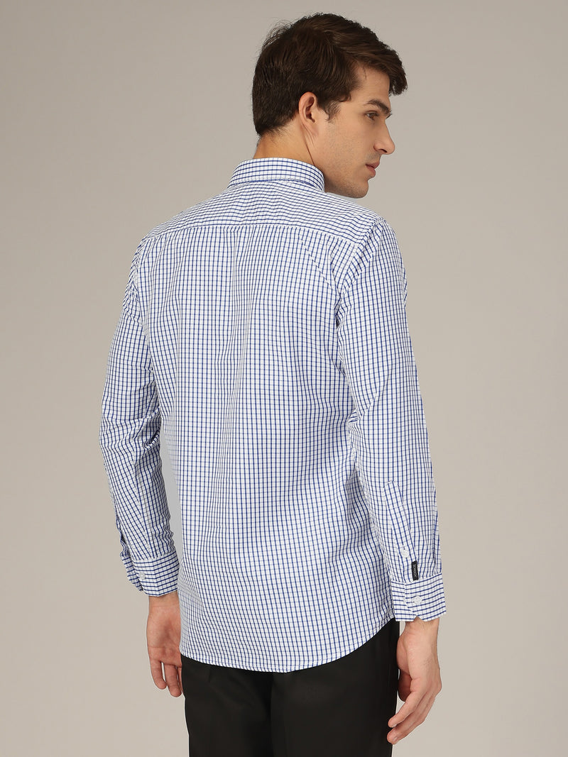 White & Blue: Checkered Button-Down Collar Formal Shirt