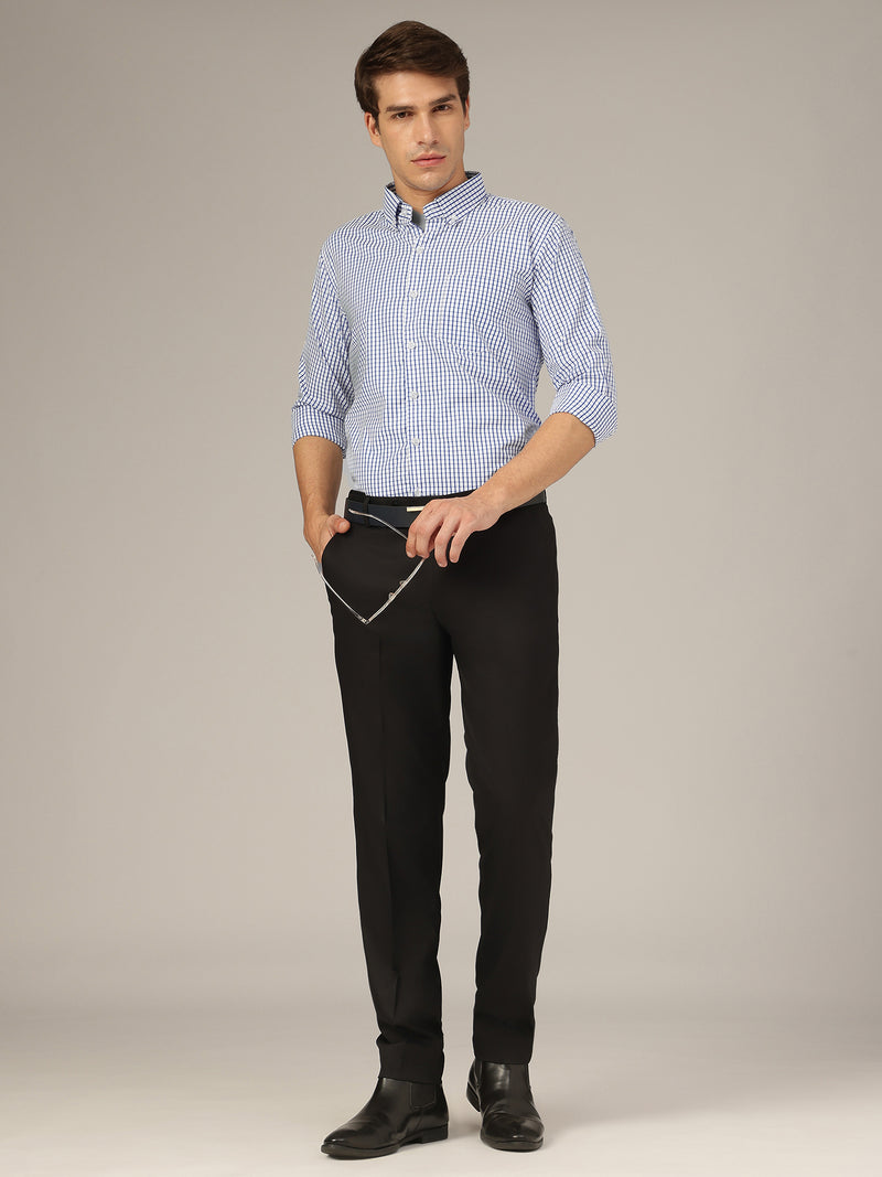 White & Blue: Checkered Button-Down Collar Formal Shirt