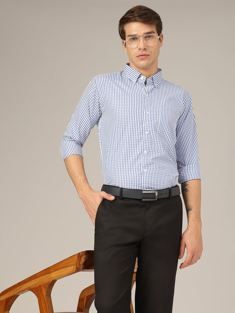 White & Blue: Checkered Button-Down Collar Formal Shirt