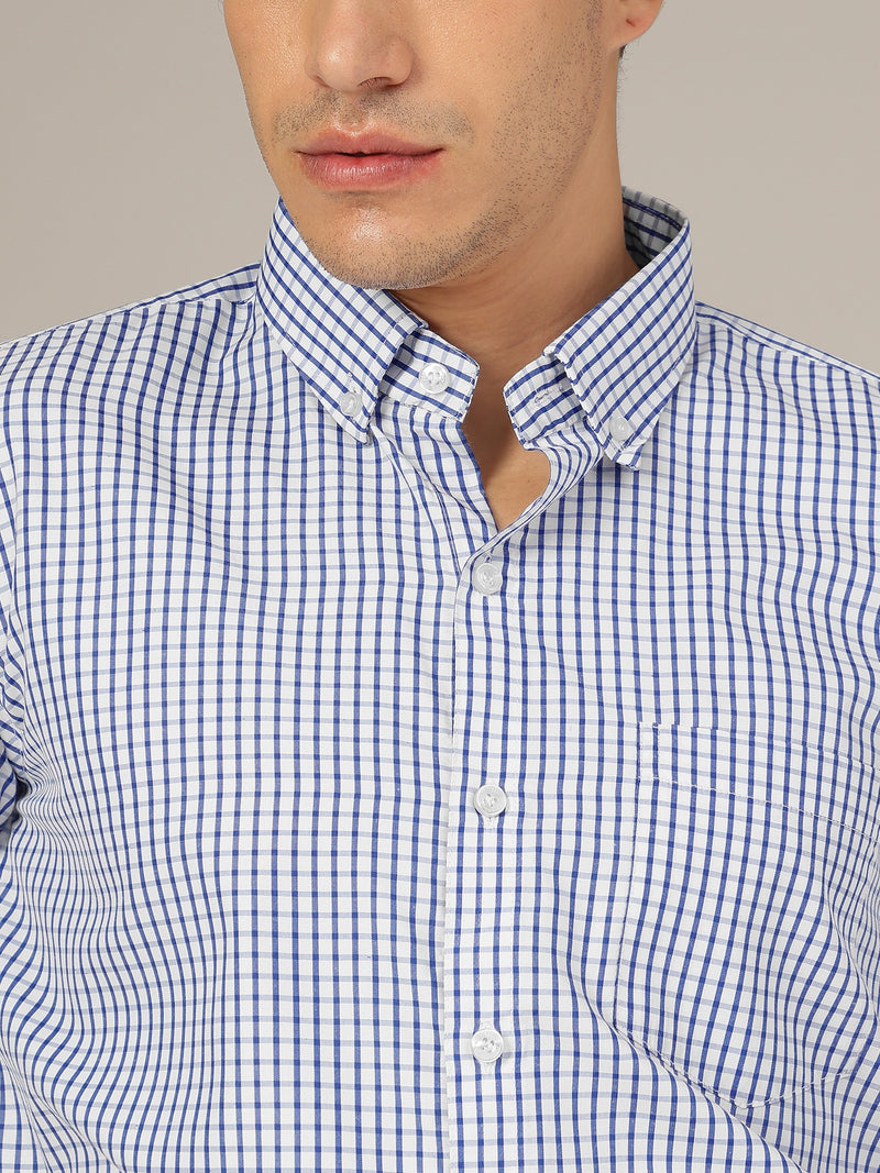 White & Blue: Checkered Button-Down Collar Formal Shirt
