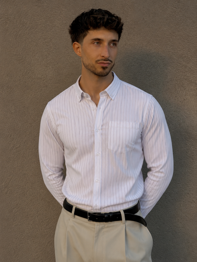 White & Purple: Full Sleeves Pencil Stripe Shirt