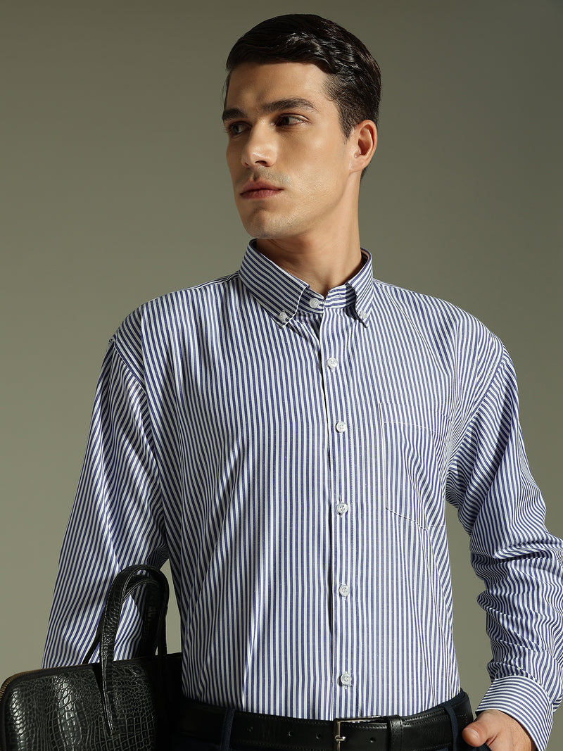 Dark Blue & White: Vertical Stripes Formal Shirt