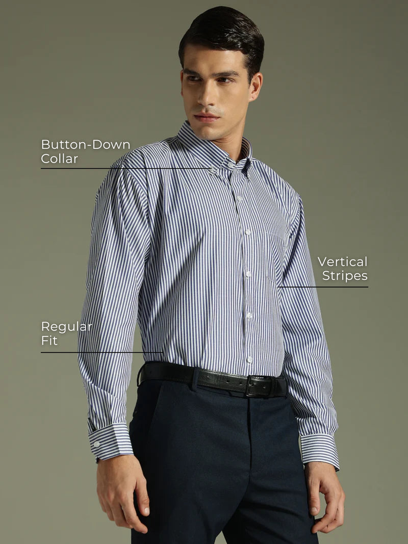 Dark Blue & White: Vertical Stripes Formal Shirt