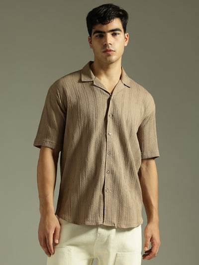 Light Brown: Self Design Oversized Casual Shirt