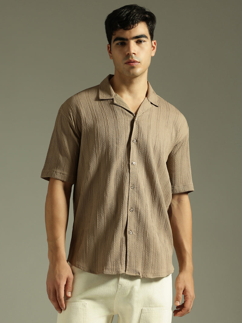 Light Brown: Self Design Oversized Casual Shirt